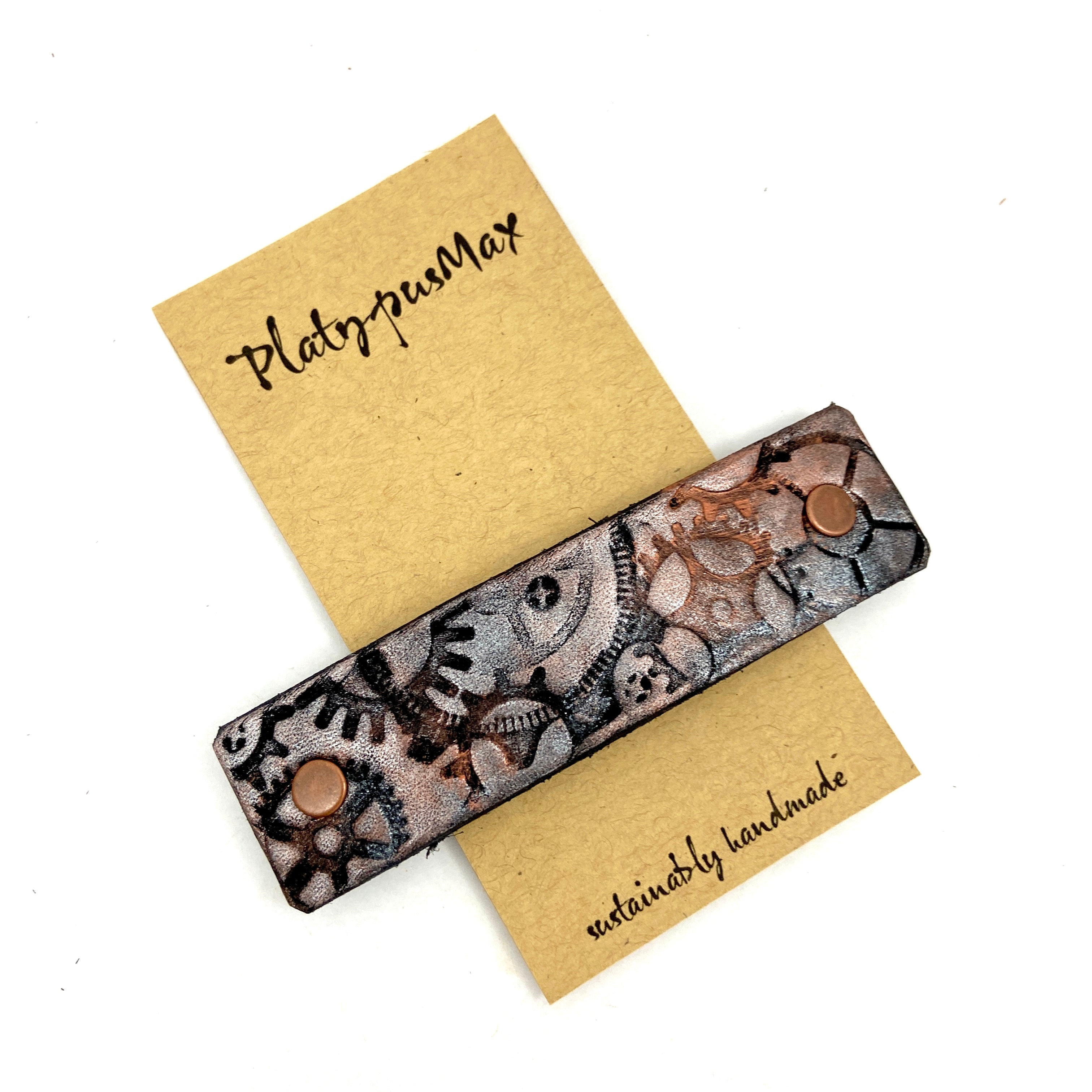 Copper Silver Gears Steampunk Stamped Leather Hair Barrette - Rosetta Creative Boutique